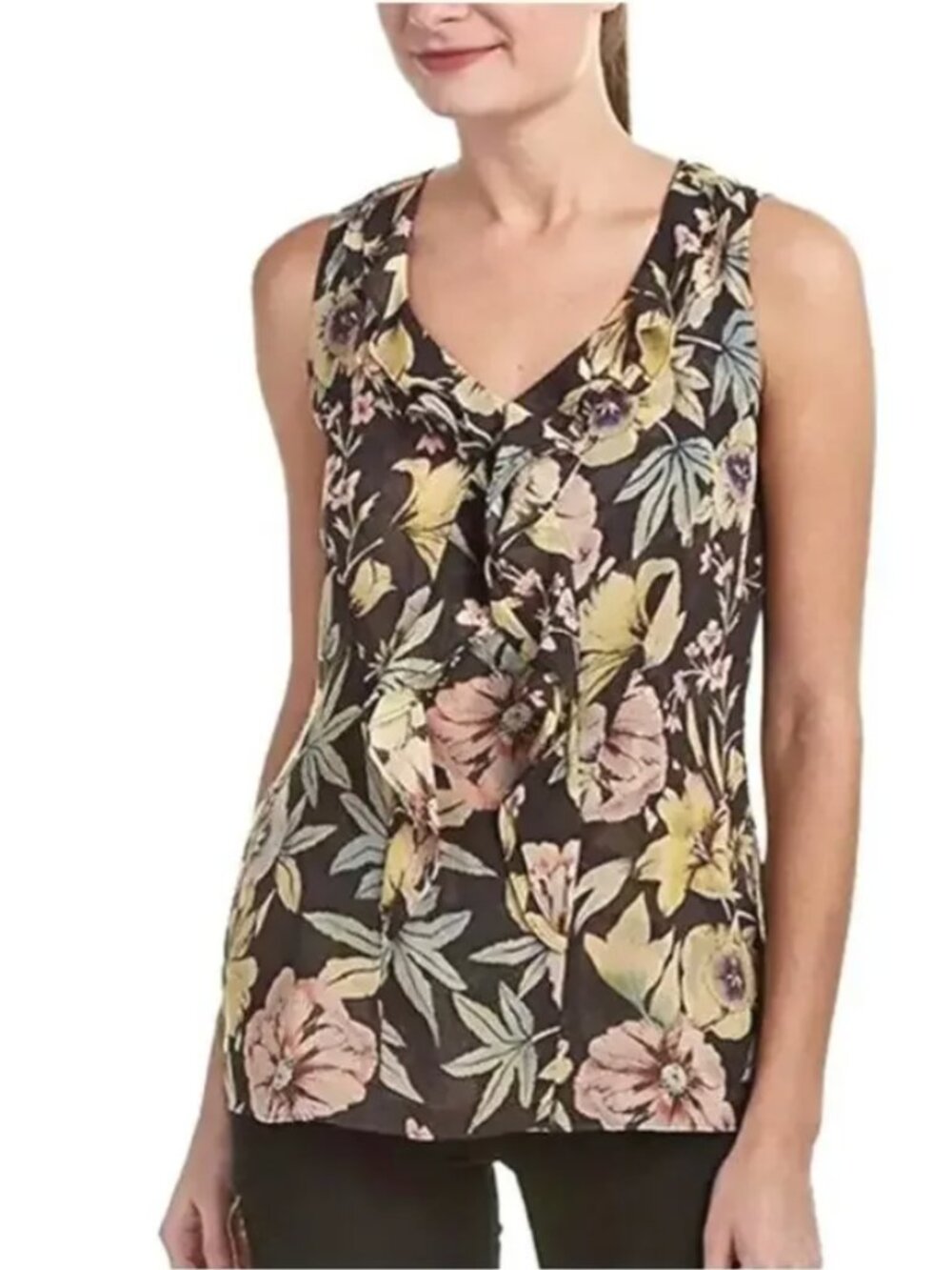 CABI Osaka Nights Black Floral Ruffle V-Neck Sleeveless Blouse sz L